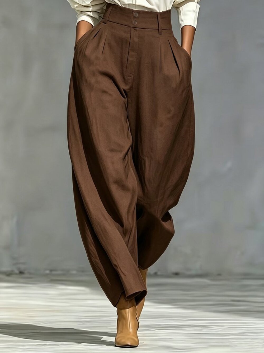 Coffee Brown Casual Women's Loose Natural Mid-Waist Zipper Fly Long Harem Pants